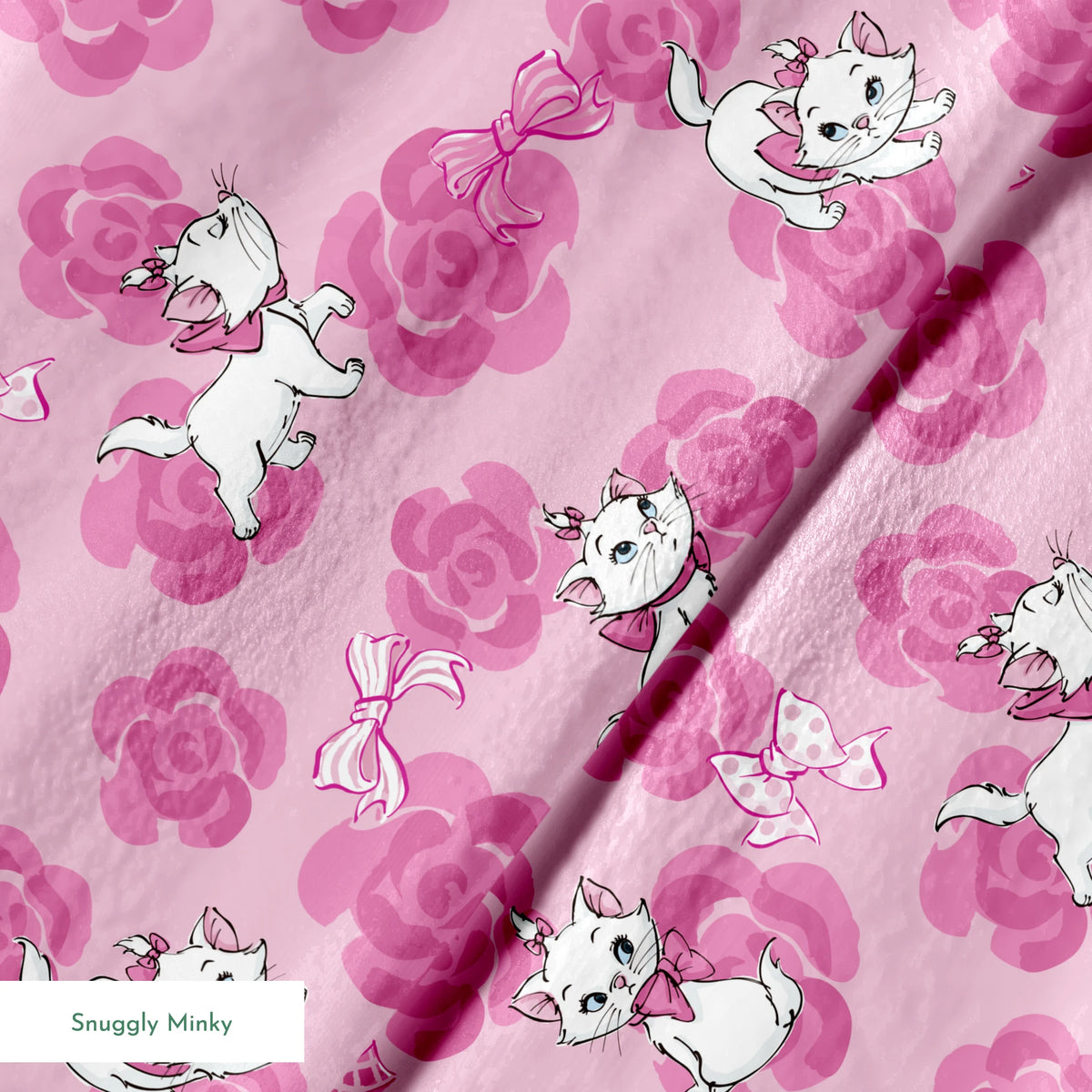 Marie from The Aristocats playing on pink rose pattern background springs minky texture