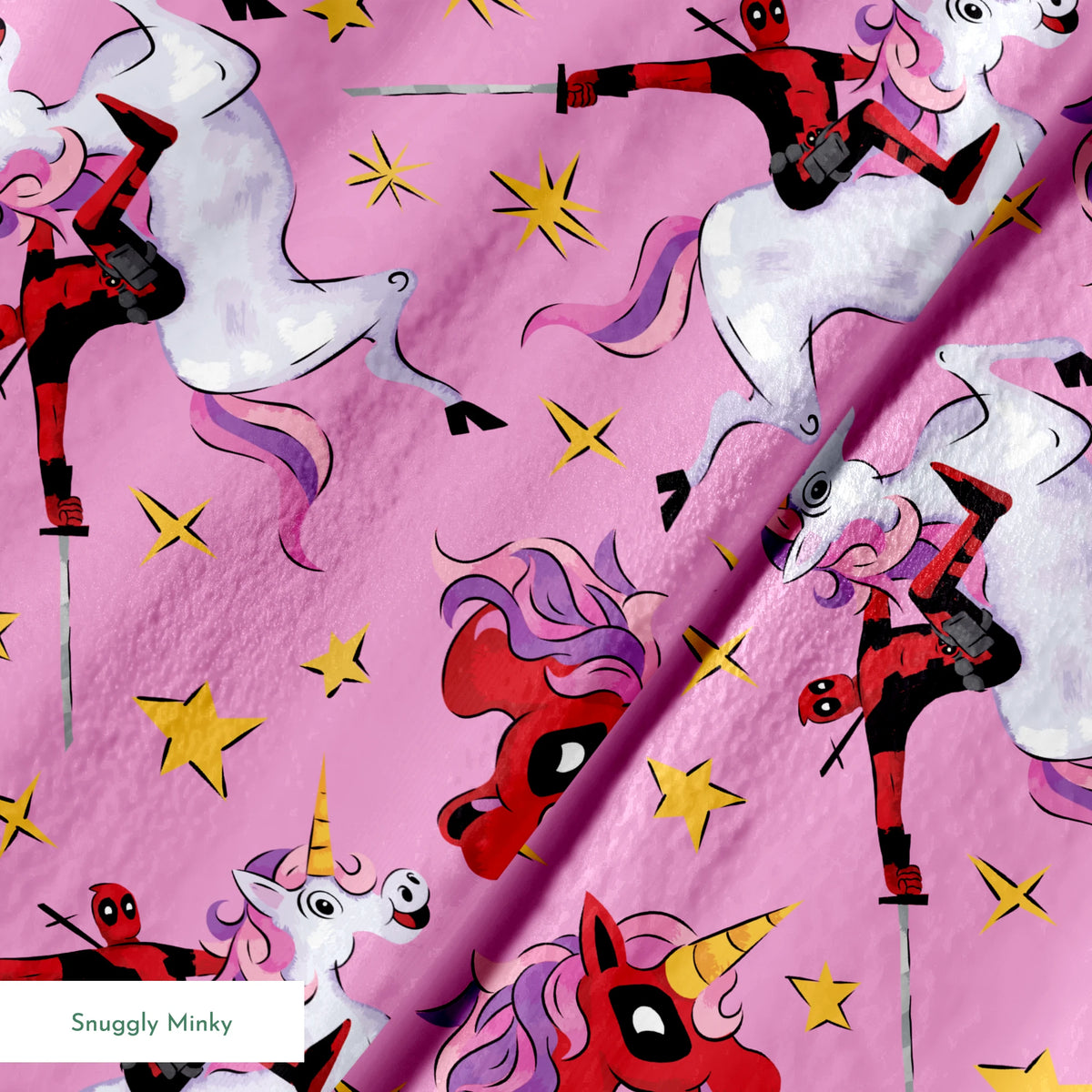 Cartoon character in red riding white unicorns with purple manes against pink starry background springs minky texture