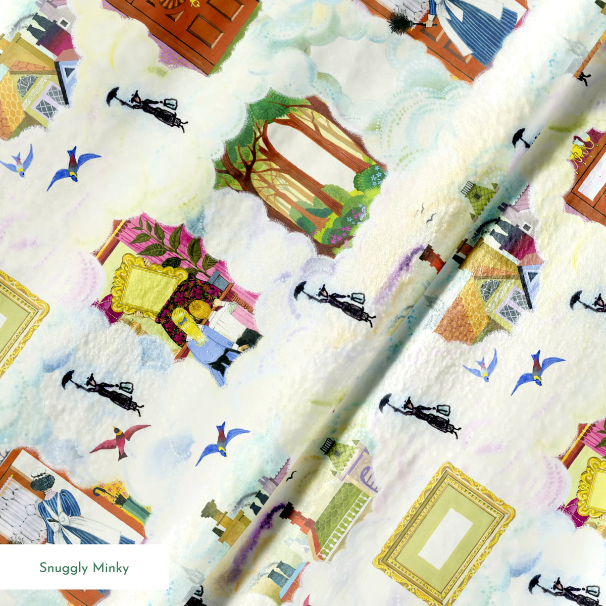 Whimsical pattern with colorful illustrated doorways, frames, and Mary Poppins with umbrellas on a pale blue background springs minky texture