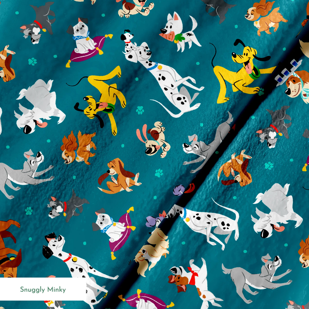 Teal pattern featuring Disney cartoon dogs like Dalmatians, Pluto, Lady and the Tramp, Copper, and other animated pups. springs minky texture