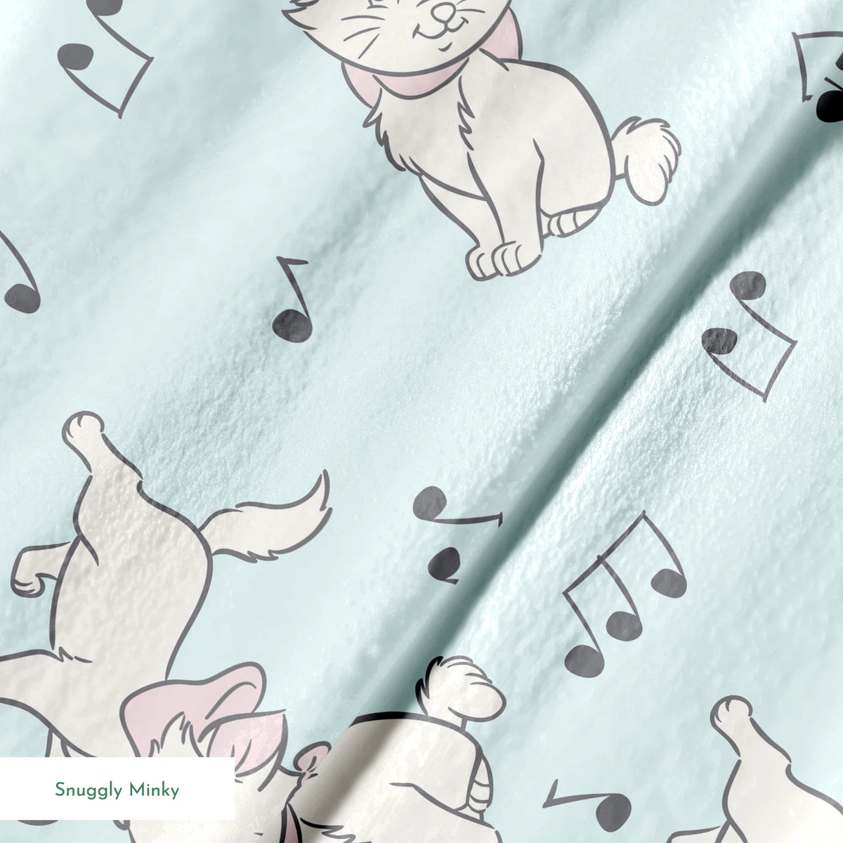 White kittens with pink bows playing among musical notes on a light mint background springs minky texture