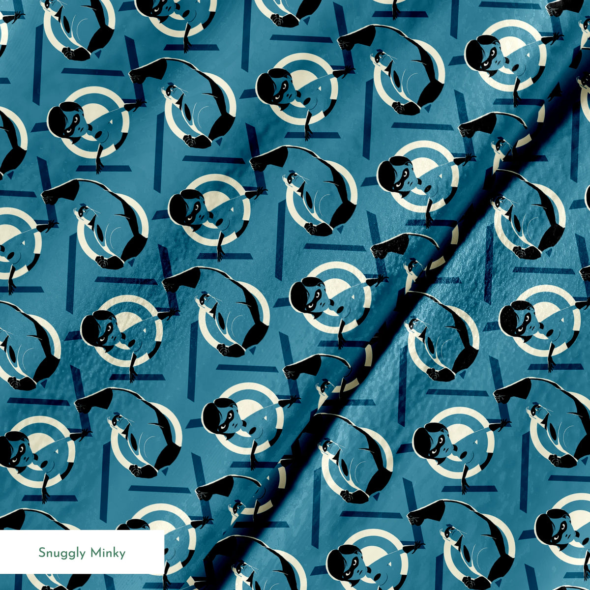 Stylized Mr. Incredible in blue and black with raised fist against geometric circular background springs minky texture