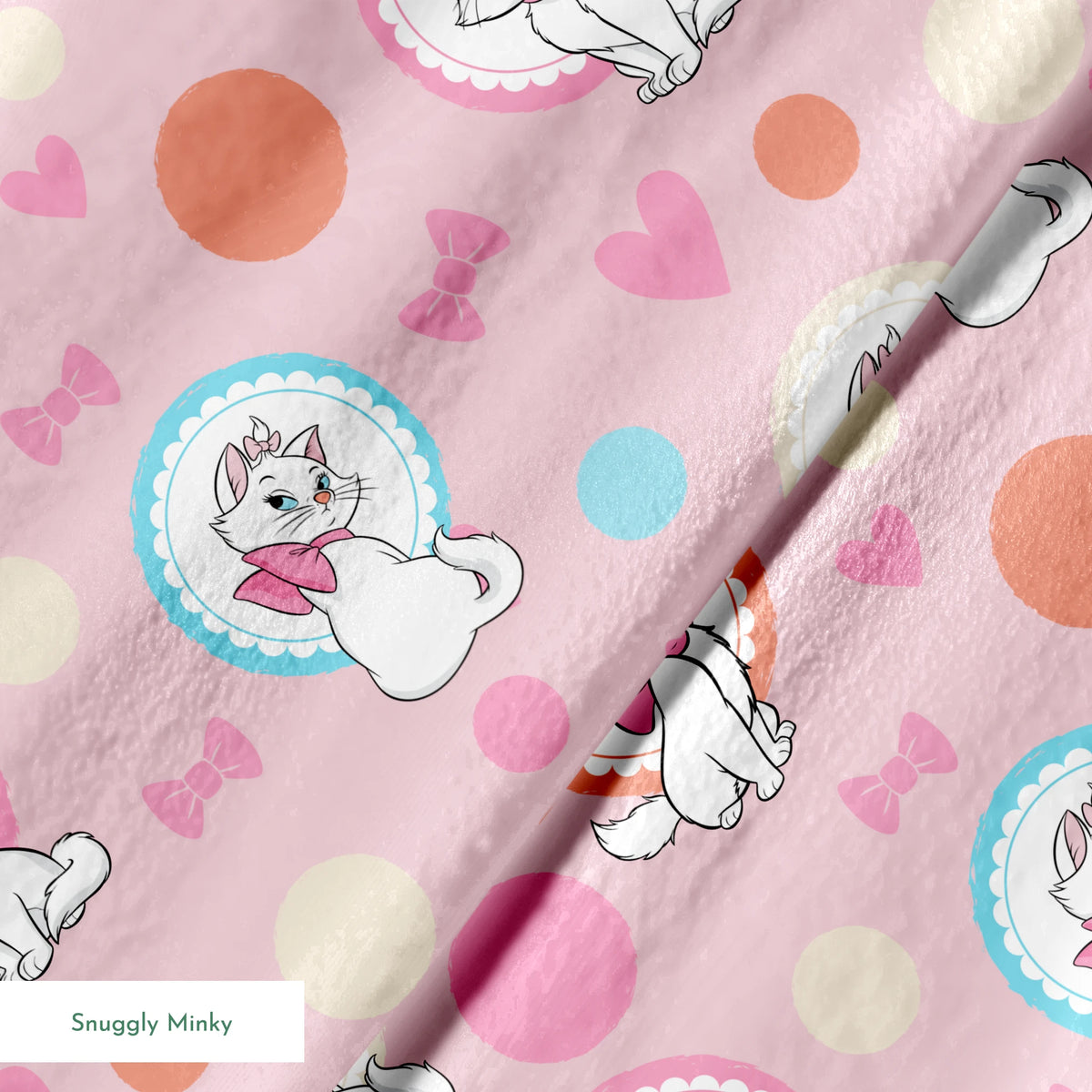 Marie from The Aristocats with pink bows in decorative circular frames on pink polka dot background with bow motifs springs minky texture