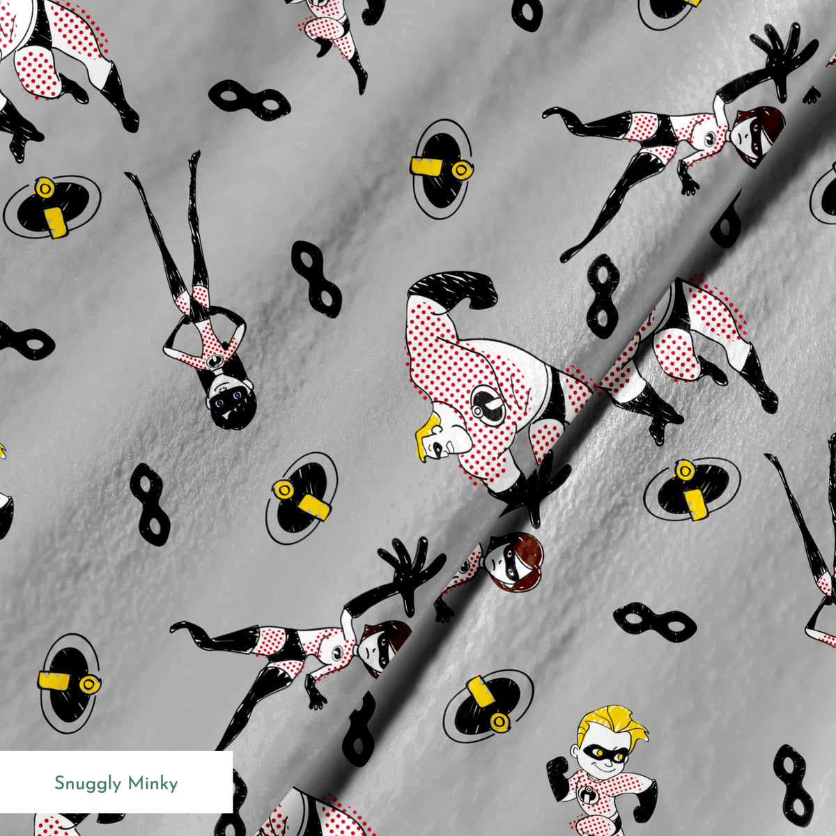 The Incredibles in black and white suits with yellow emblems scattered on gray background with masks springs minky texture
