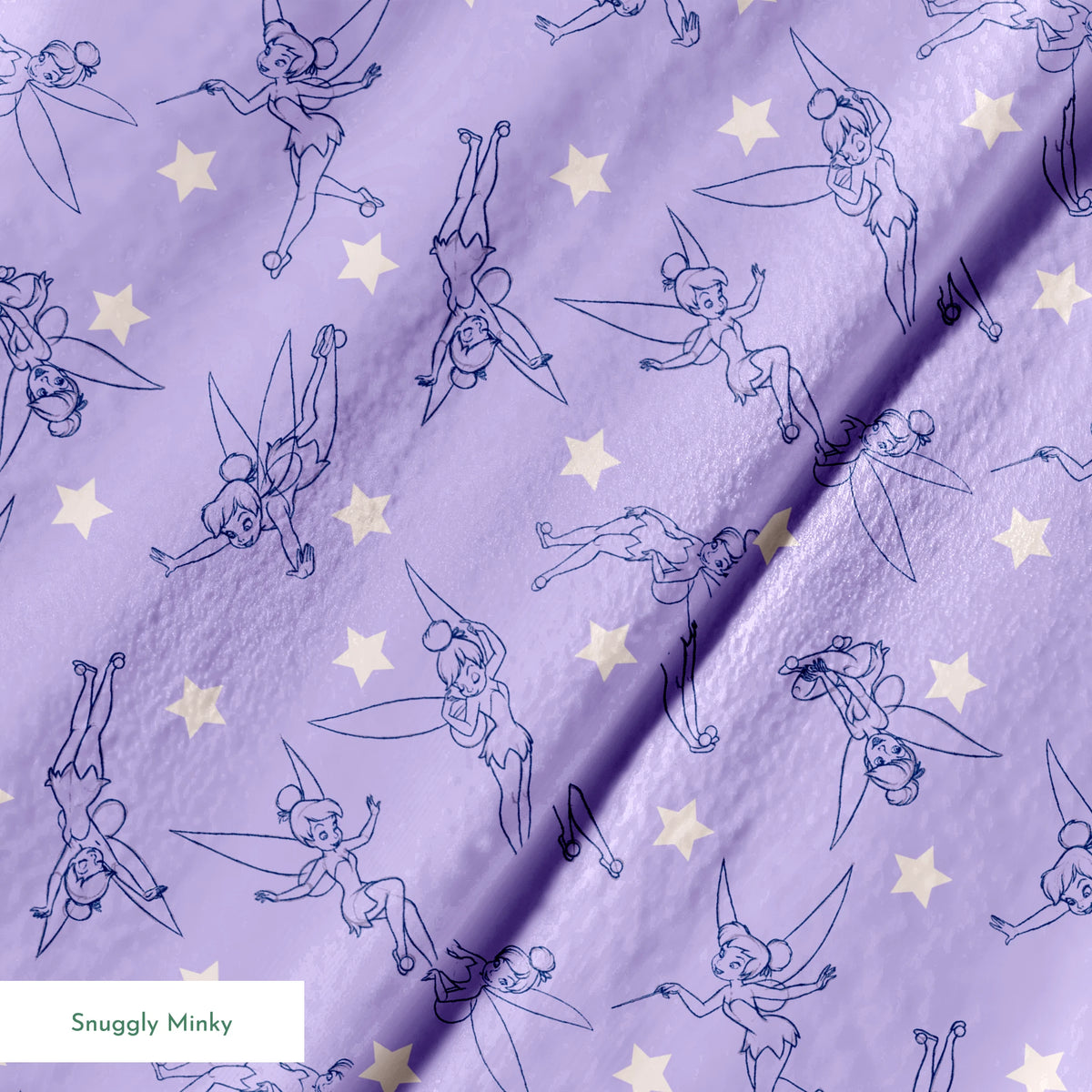 Tinker Bell dancing across a lavender purple background with white stars springs minky texture