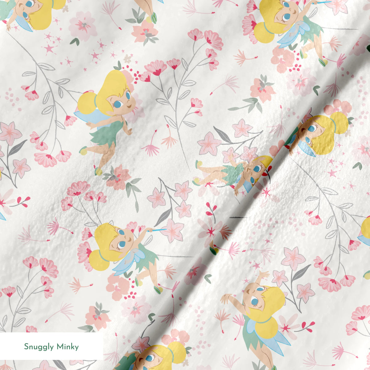 Whimsical pattern with Tinker Bell among pink flowers and green leaves on white background springs minky texture
