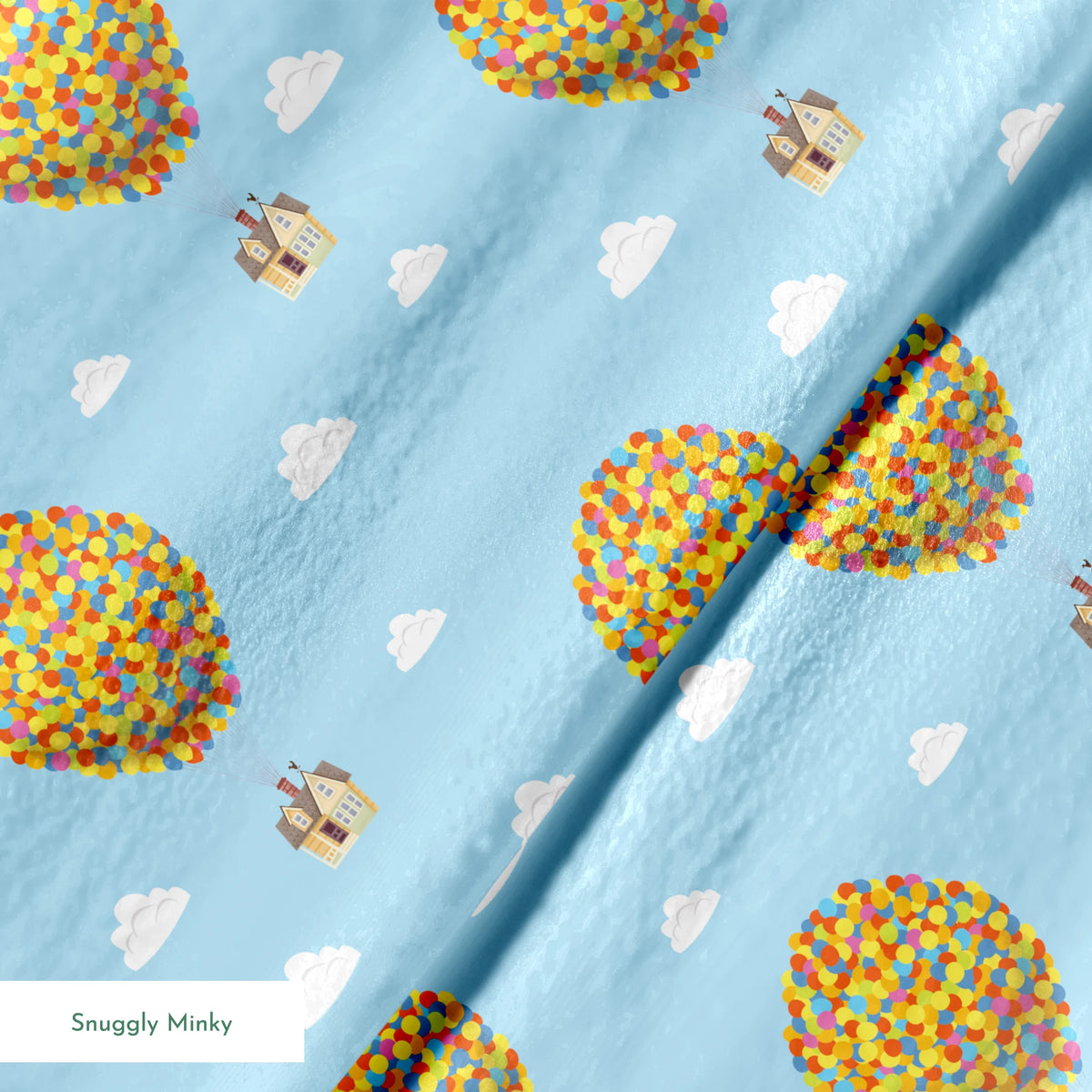 Repeating Up pattern of houses lifted by colorful balloon clusters against a light blue sky with white clouds springs minky texture