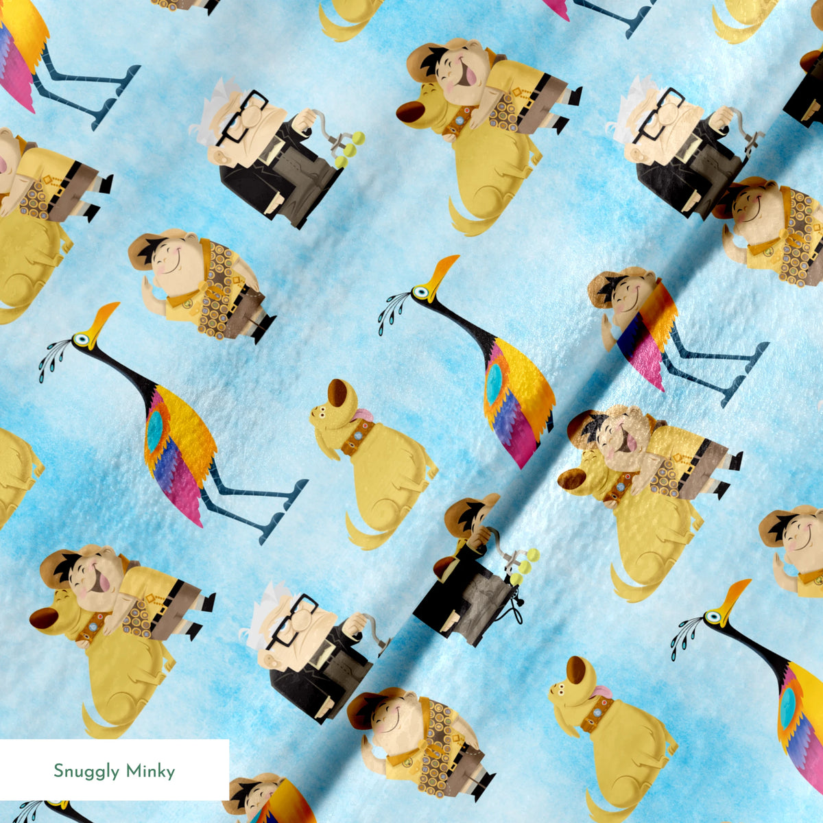 Colorful Up-inspired pattern with cartoon characters including elderly man, explorer, golden dog, and tropical bird on light blue background springs minky texture