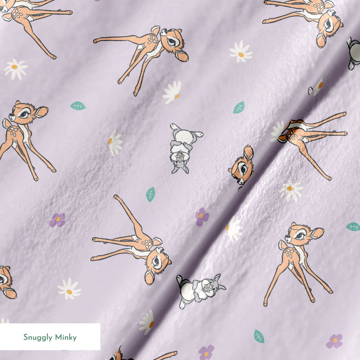 Seamless pattern of cartoon deer and bunnies with daisies and small flowers on lavender background springs minky texture