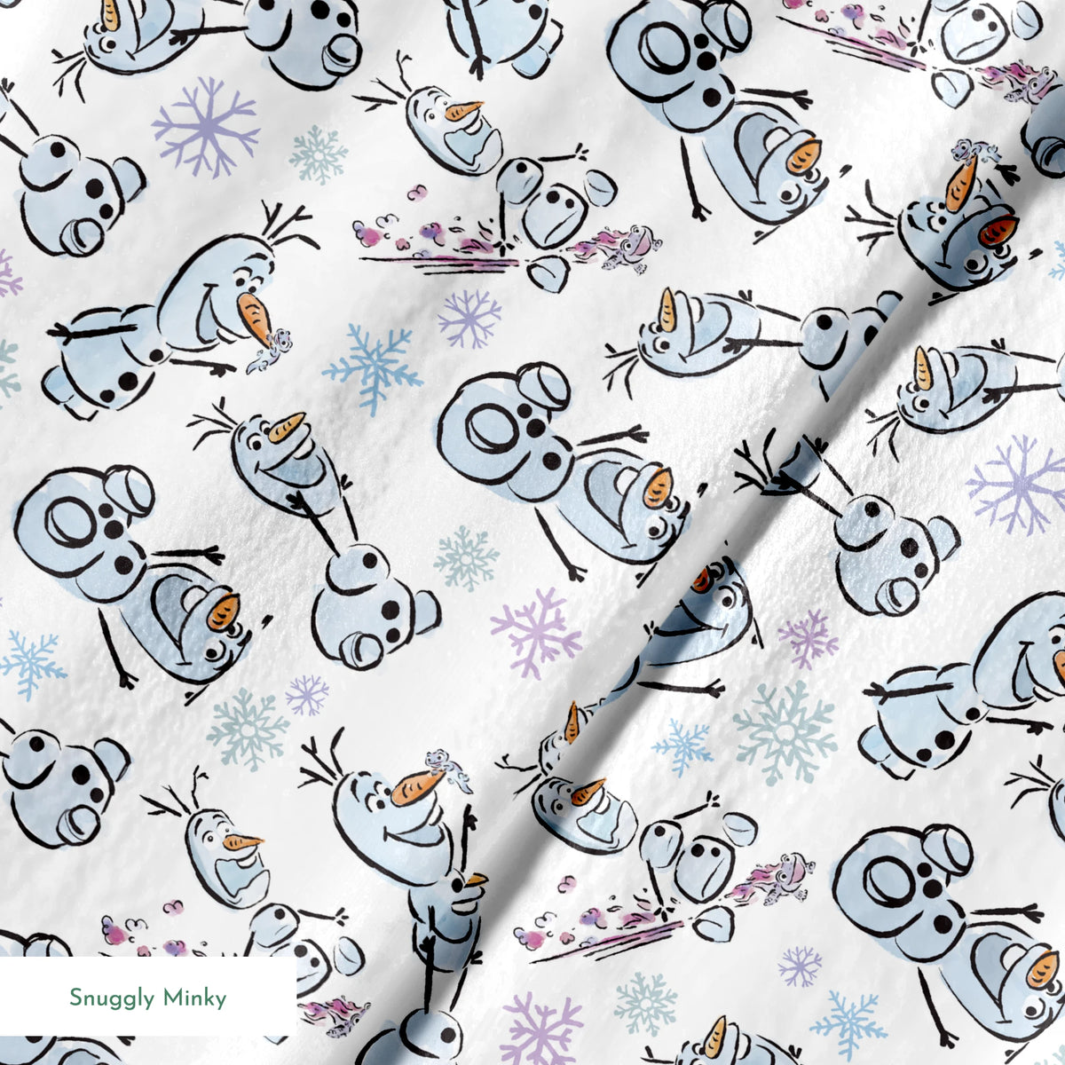 Disney Frozen Olaf with different happy expressions scattered on light blue background with snowflakes springs minky texture