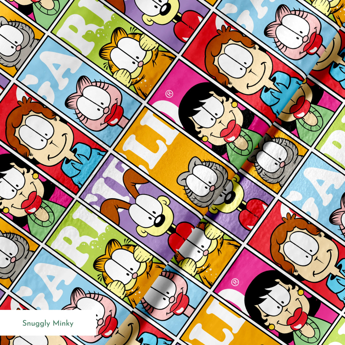 Colorful comic grid pattern with Garfield characters and letters arranged in repeating squares springs minky texture