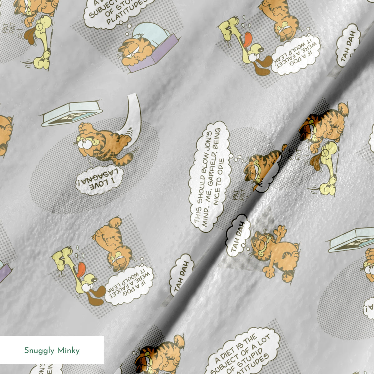 Cartoon Garfield pattern with various poses of the orange cat and speech bubbles on gray background springs minky texture