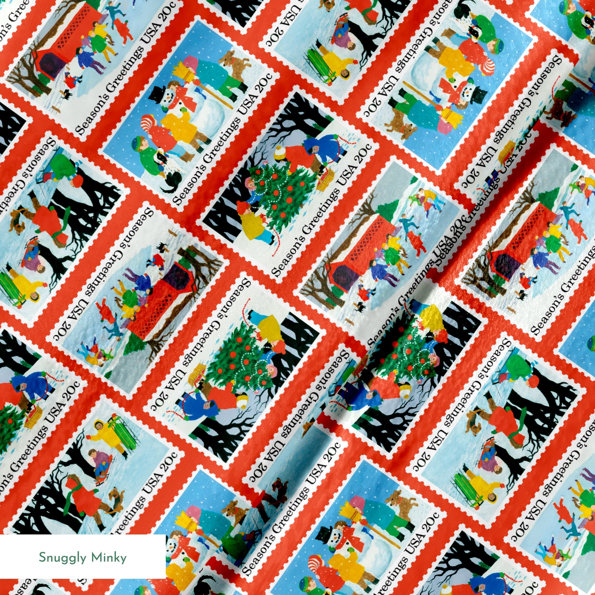 USPS Scenic Season's Greetings Stamps on Red Fabric