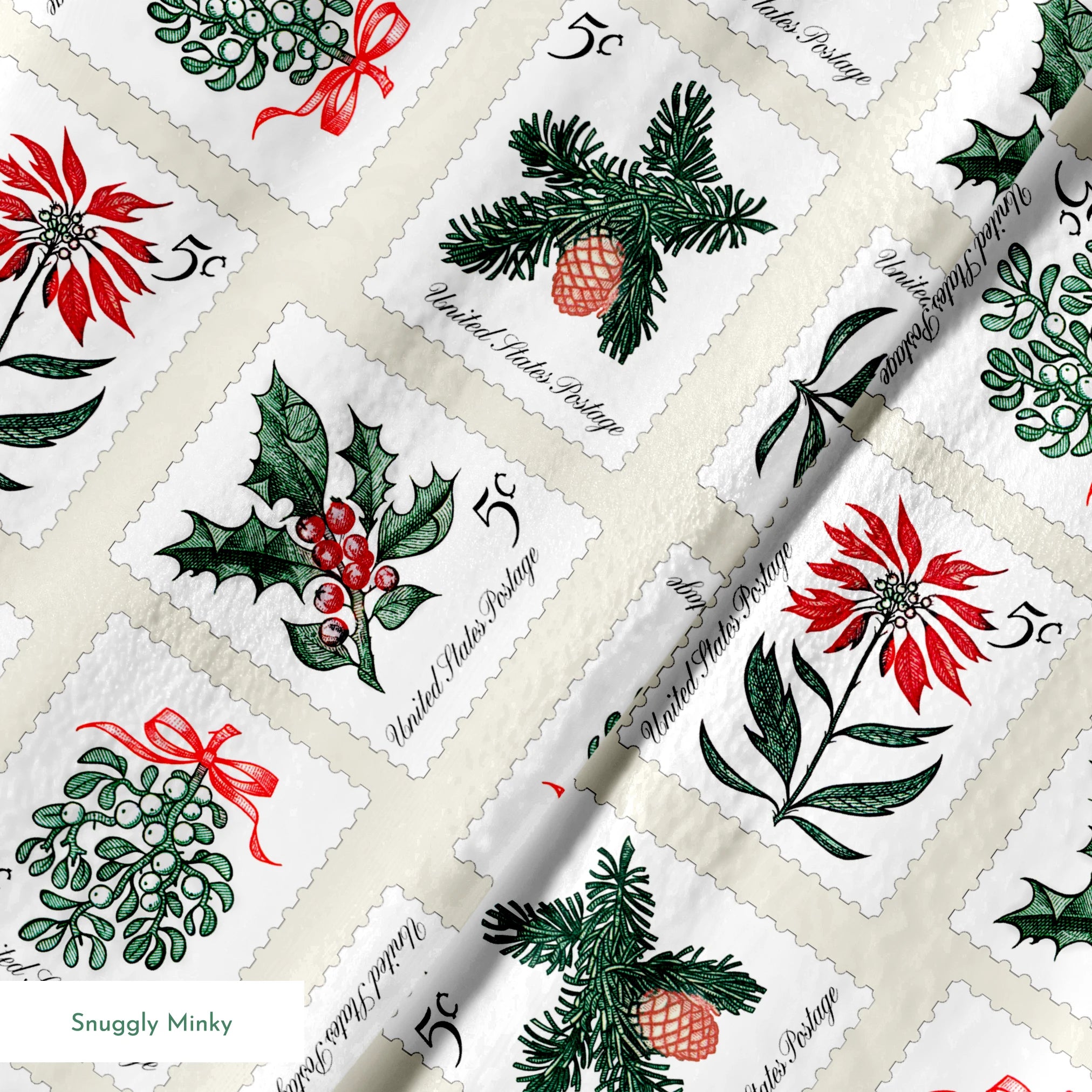 USPS Holiday Botanicals Stamp Collage on Cream Fabric
