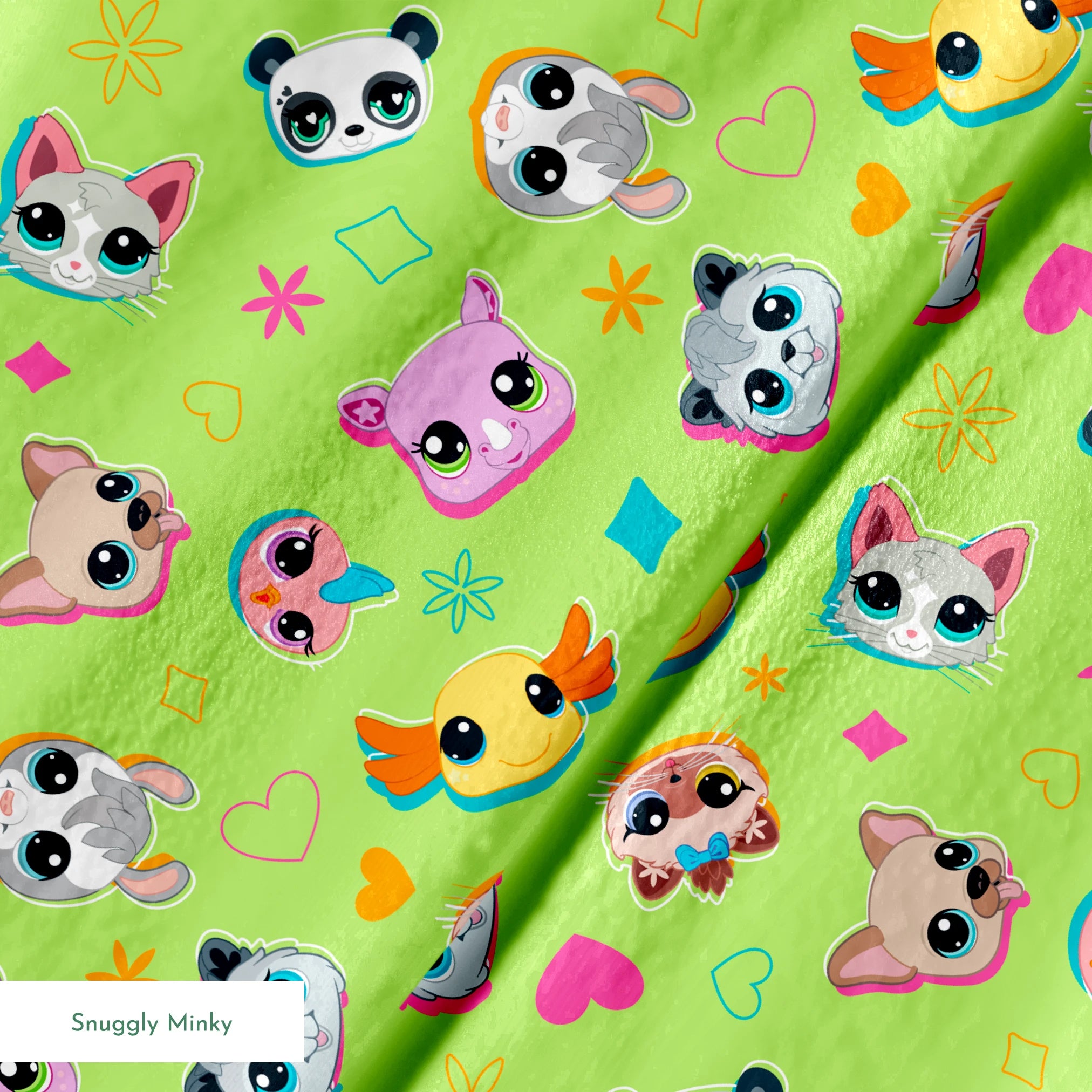 Hasbro Littliest Pet Shop Shapes and Faces on Green Fabric