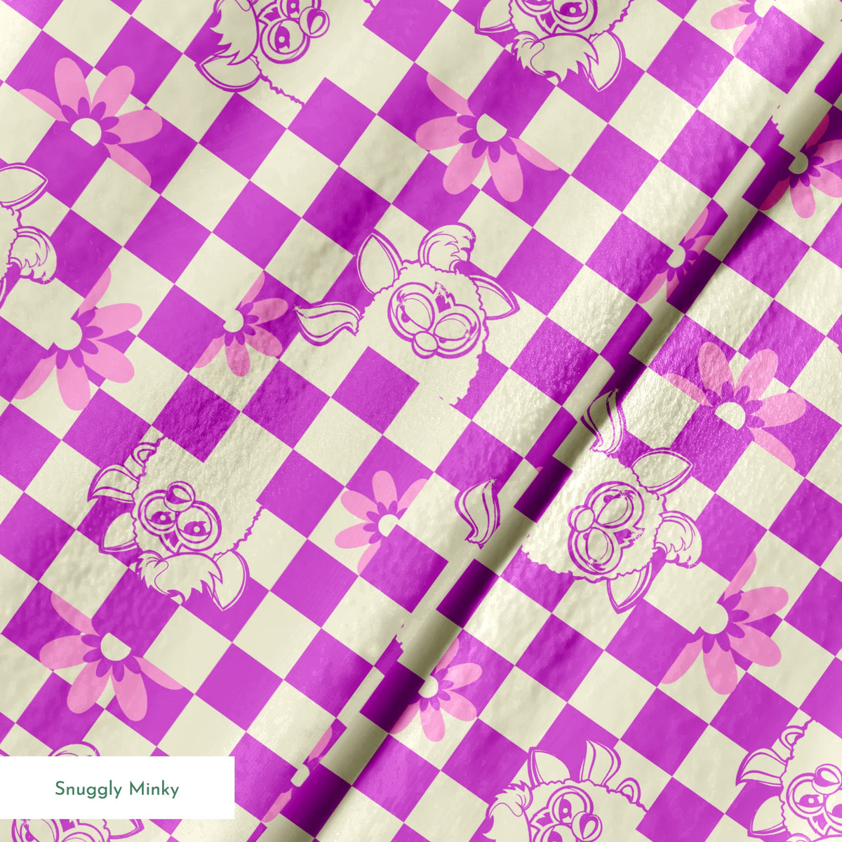 Hasbro Furby Checkered Flowers on Purple Fabric