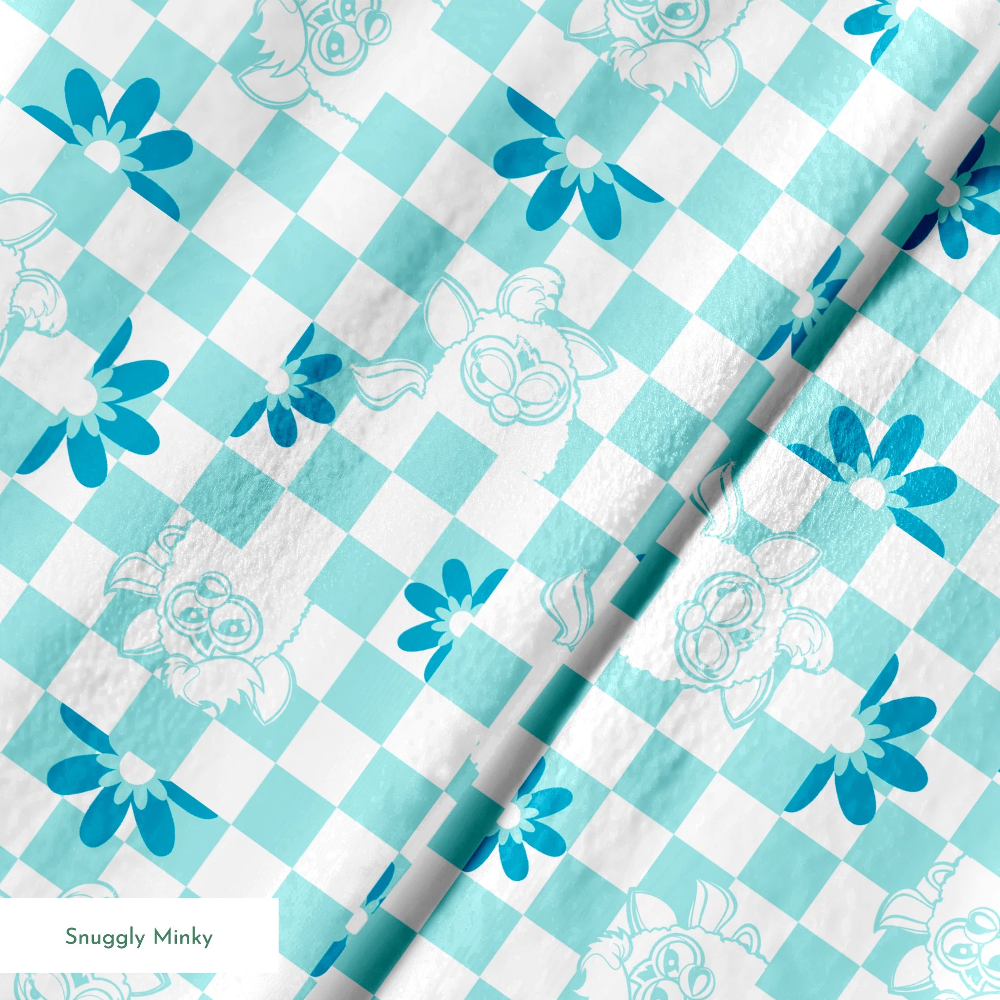 Hasbro Furby Checkered Flowers on Blue Fabric