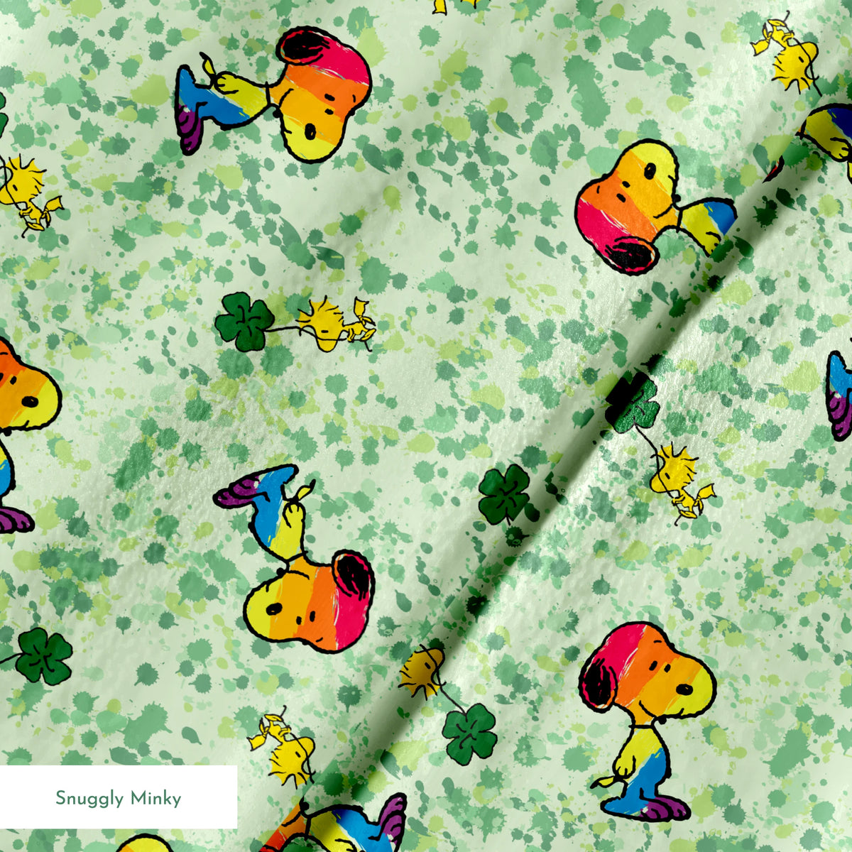 Peanuts Woodstock & Snoopy on Green Clover Fabric