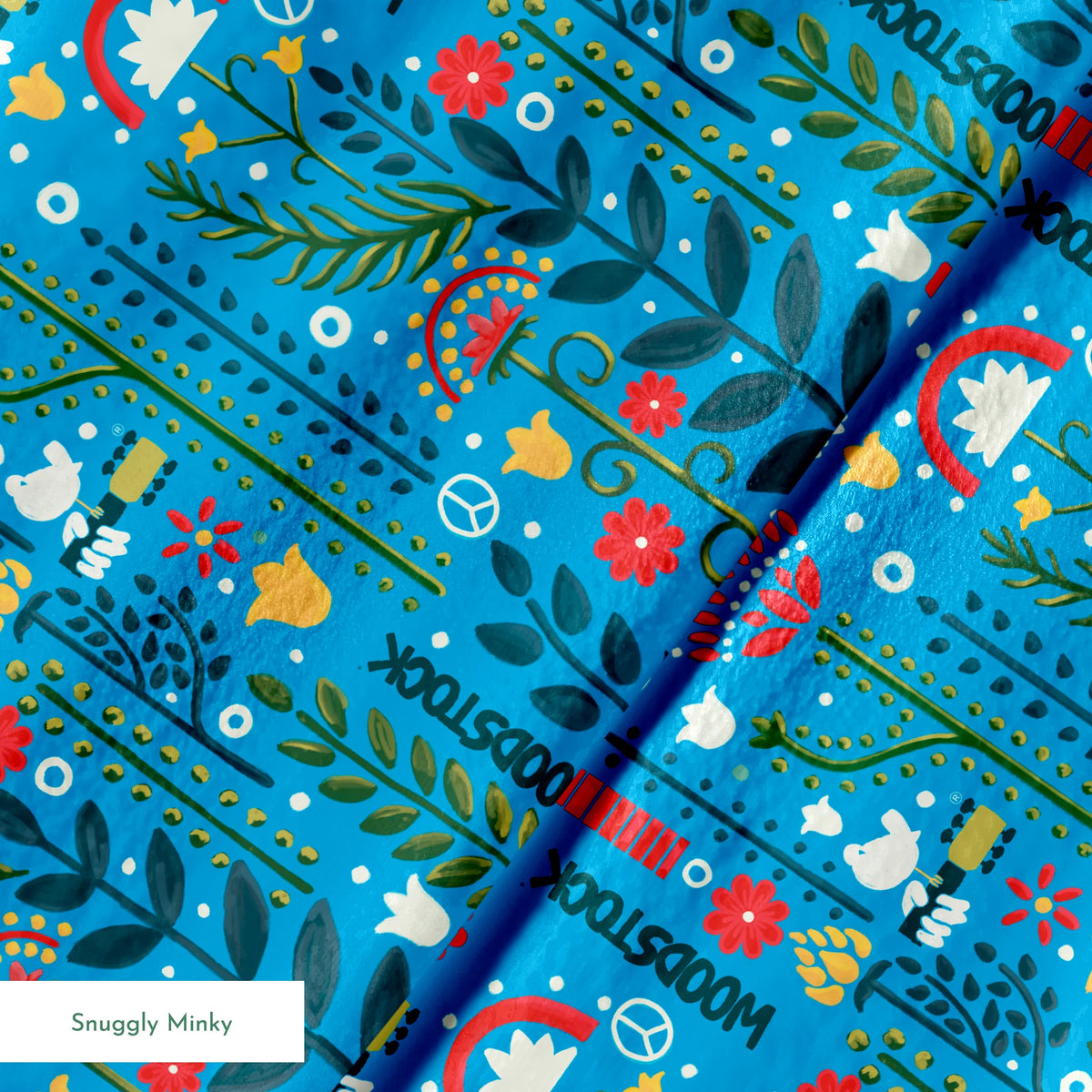 Woodstock Retro Greenery on Blue Fabric