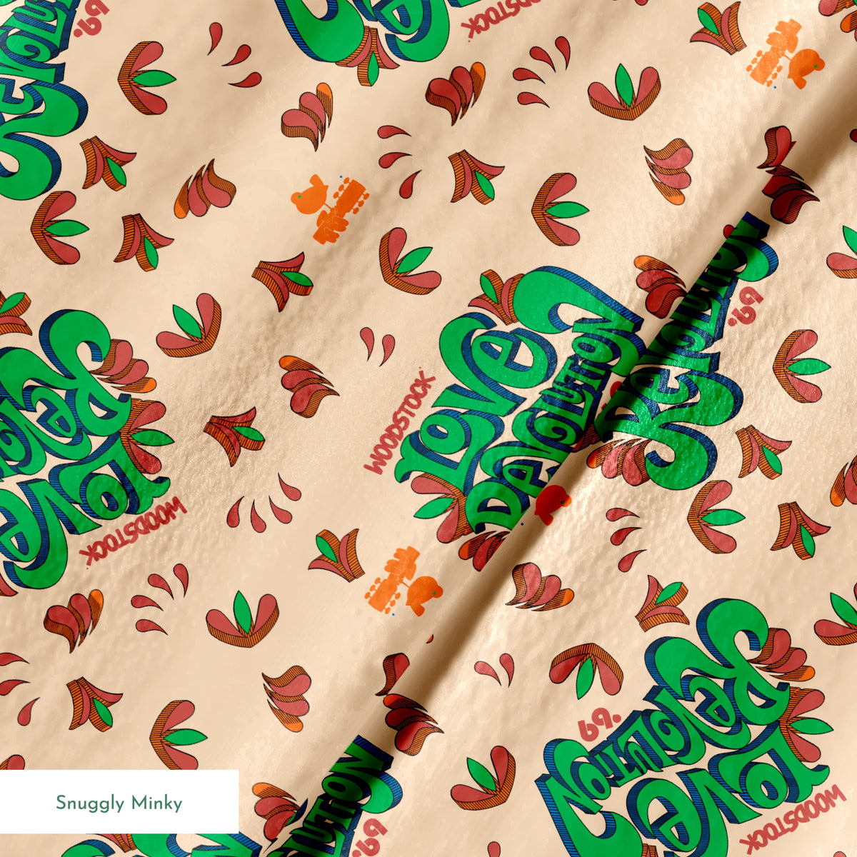 Woodstock Love Revolution on Tan Fabric
