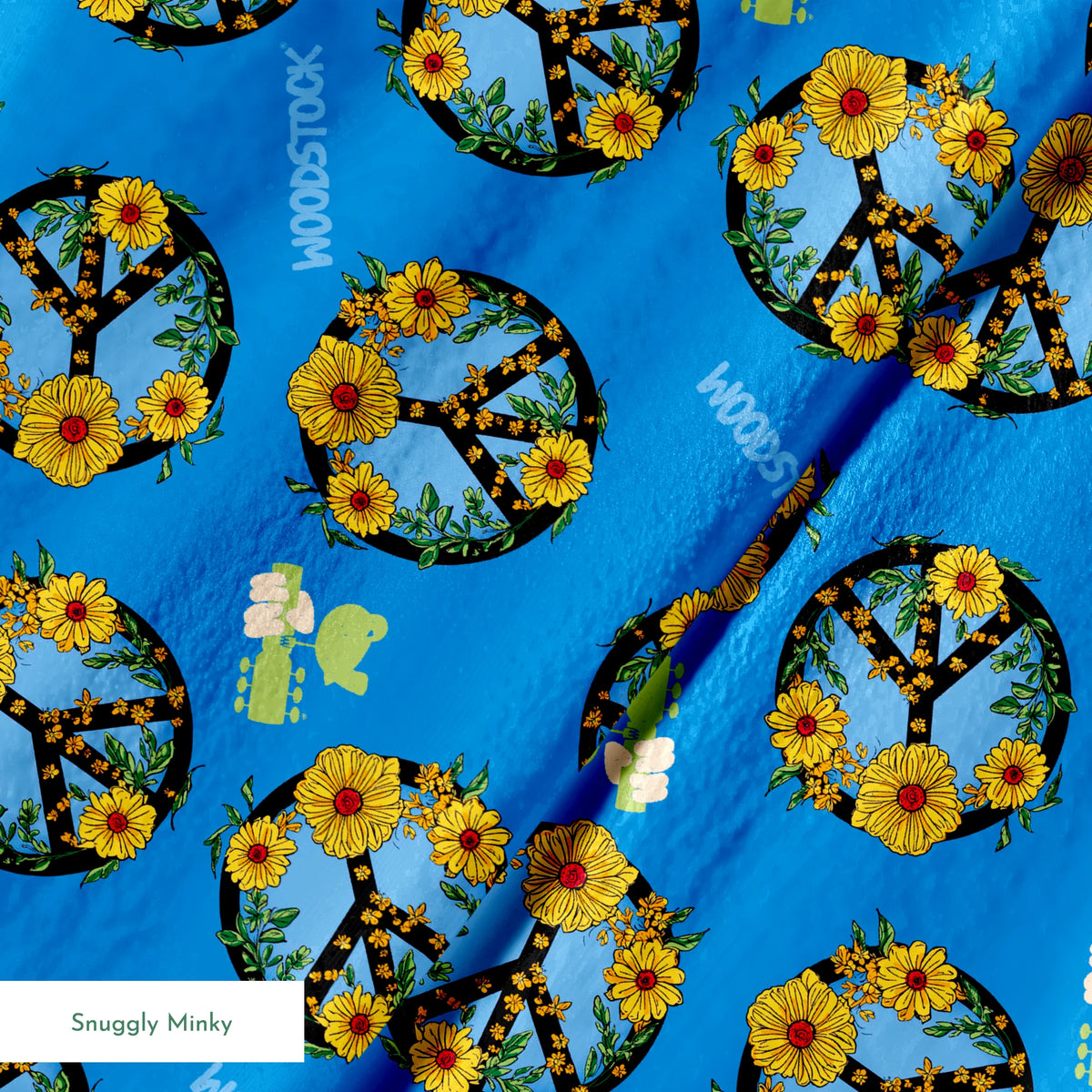 Woodstock Floral Peace Signs on Blue Fabric
