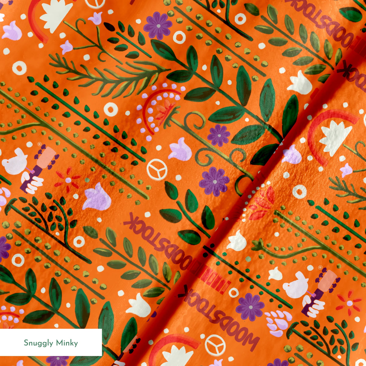 Woodstock Retro Greenery on Orange Fabric