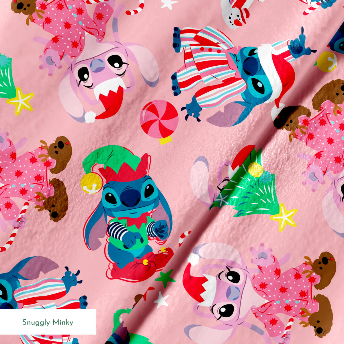 Disney's Stitch in Christmas outfits with trees and decorations on pink background