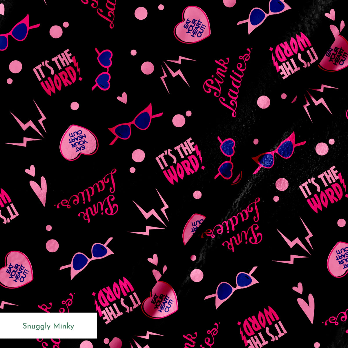 Paramount Grease Retro Pink Ladies Icons on Black Fabric