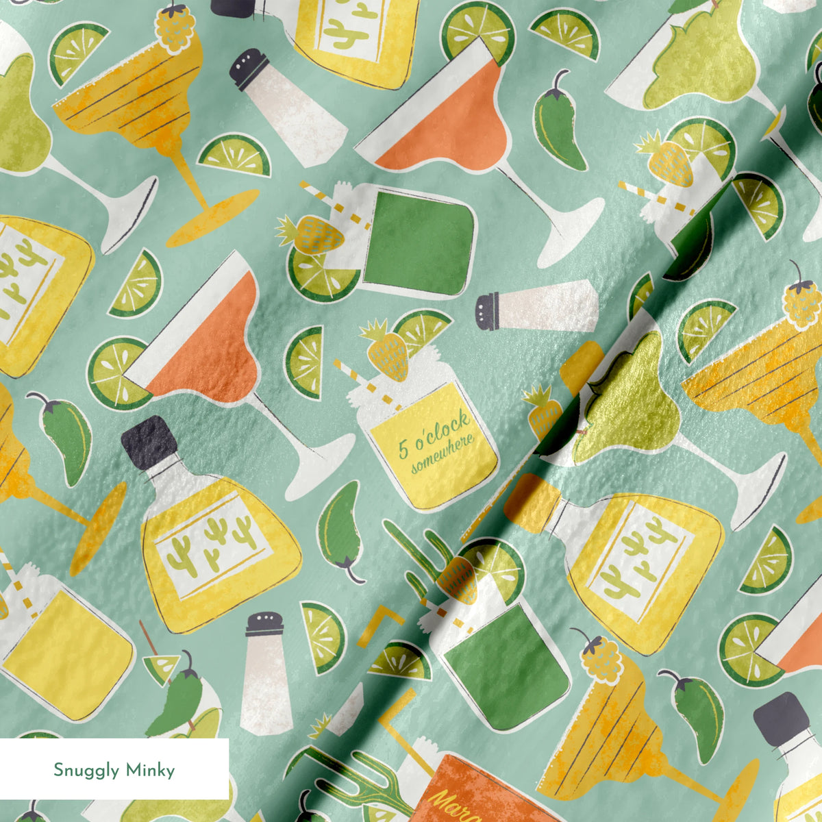 Colorful Margaritaville cocktail pattern with drinks, bottles, glasses, and lime slices on teal background
