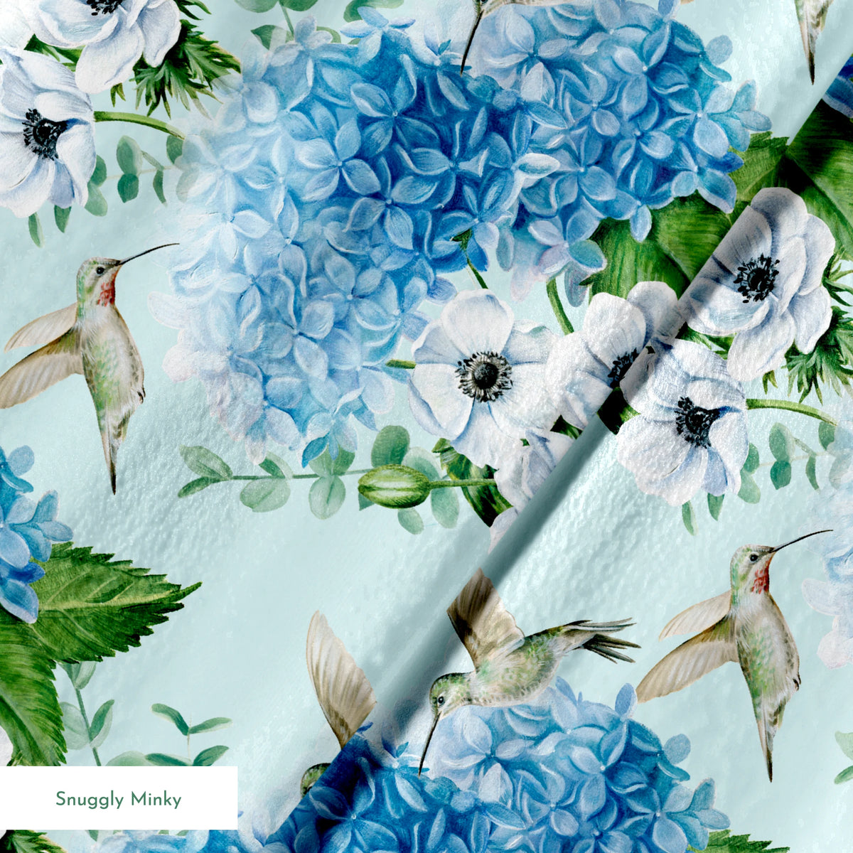 Danielle Murray Hydrangeas and Hummingbirds on Blue Fabric