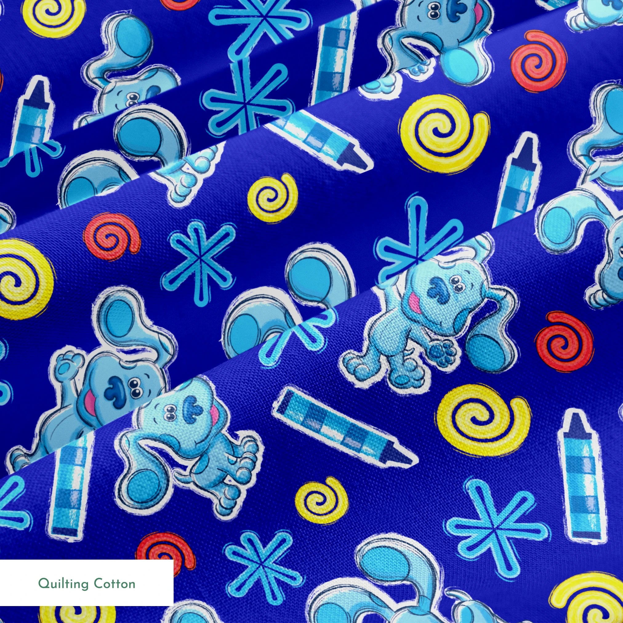 Blue background pattern with cartoon dog characters, snowflakes, spiral shapes, and thermometers in light blue, yellow, and red colors springs quiltingcotton texture
