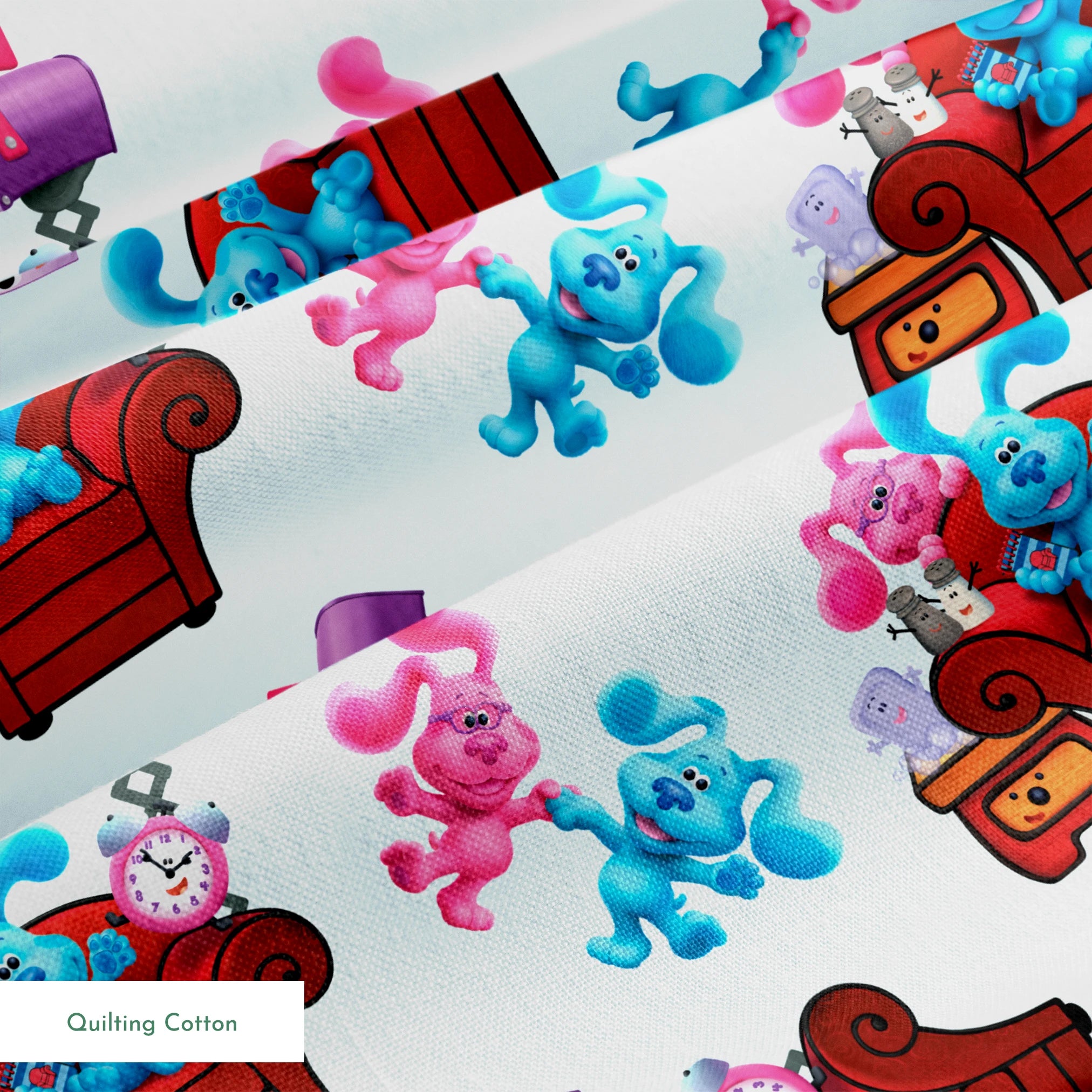 Colorful pattern featuring cartoon blue and pink puppy characters with armchairs, mailboxes, and clocks springs quiltingcotton texture