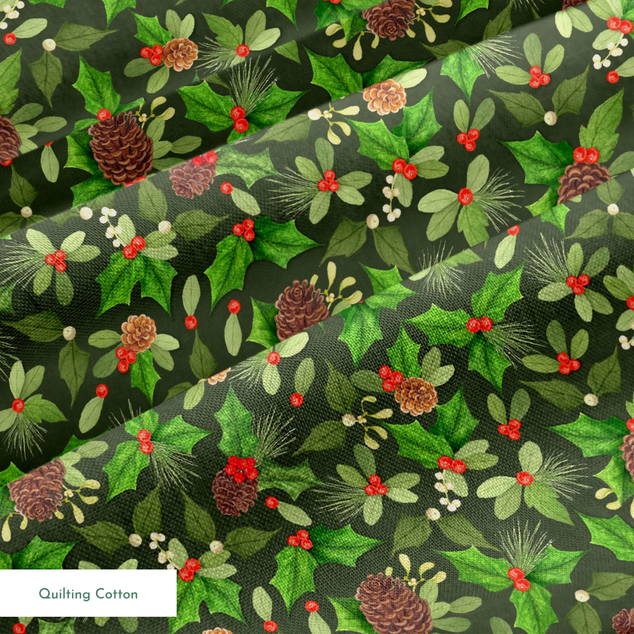 Seamless holiday pattern by Nicole Tamarin featuring pinecones, holly, red berries, and green foliage on a dark green background. springs quiltingcotton texture
