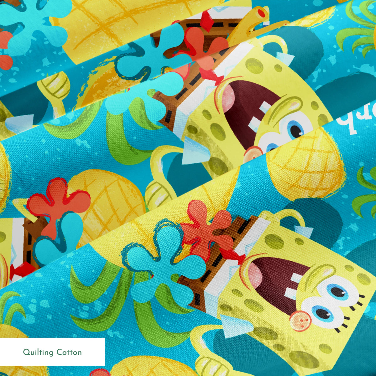 SpongeBob SquarePants pattern with pineapples and flowers on teal background springs quiltingcotton texture