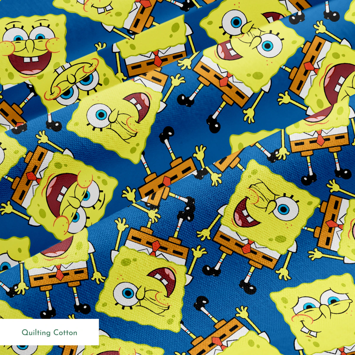 SpongeBob SquarePants pattern featuring various expressions on blue background springs quiltingcotton texture