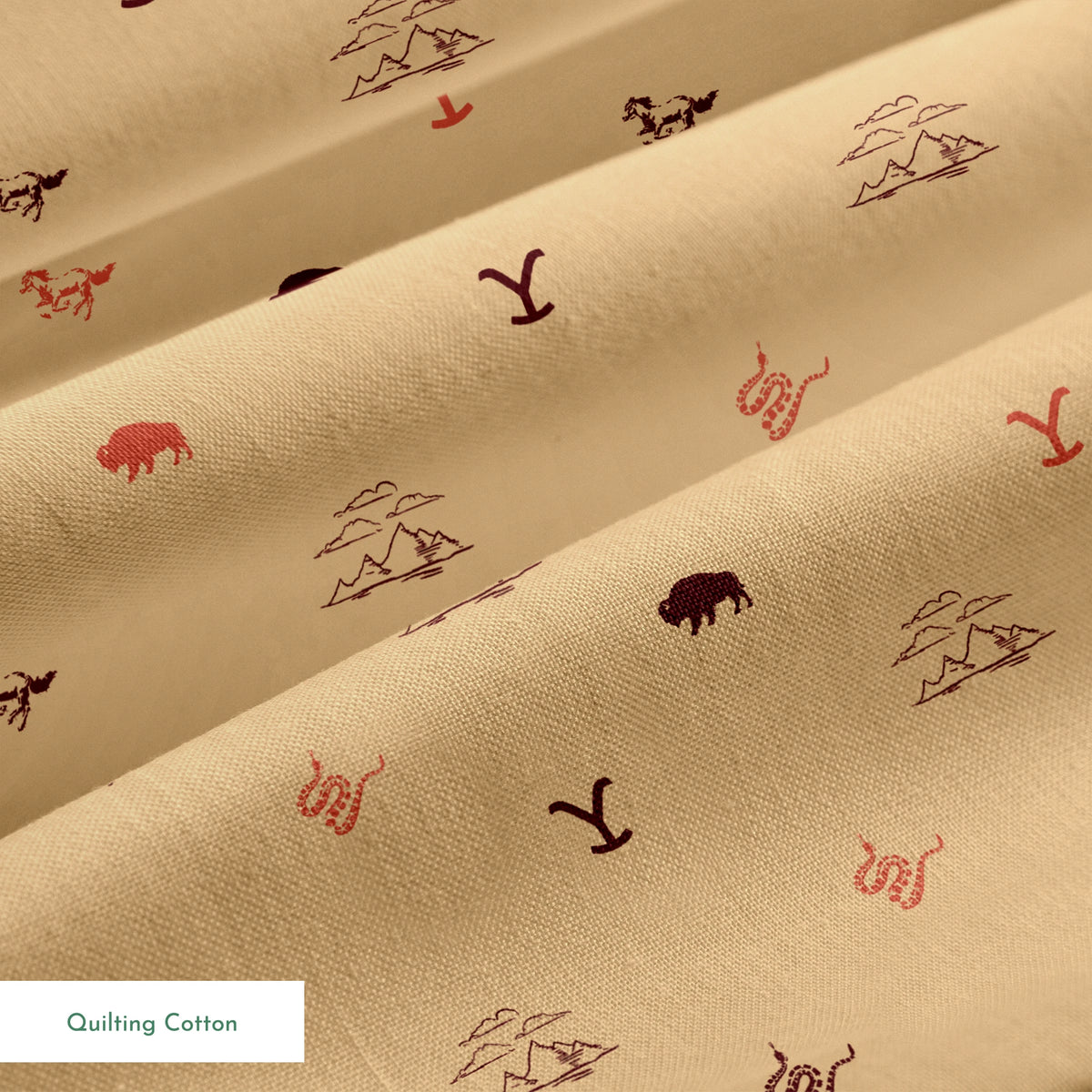 Yellowstone ranch icons with “Y” brand, bison, horses, mountains, and snakes in a Western-inspired design. springs quiltingcotton texture