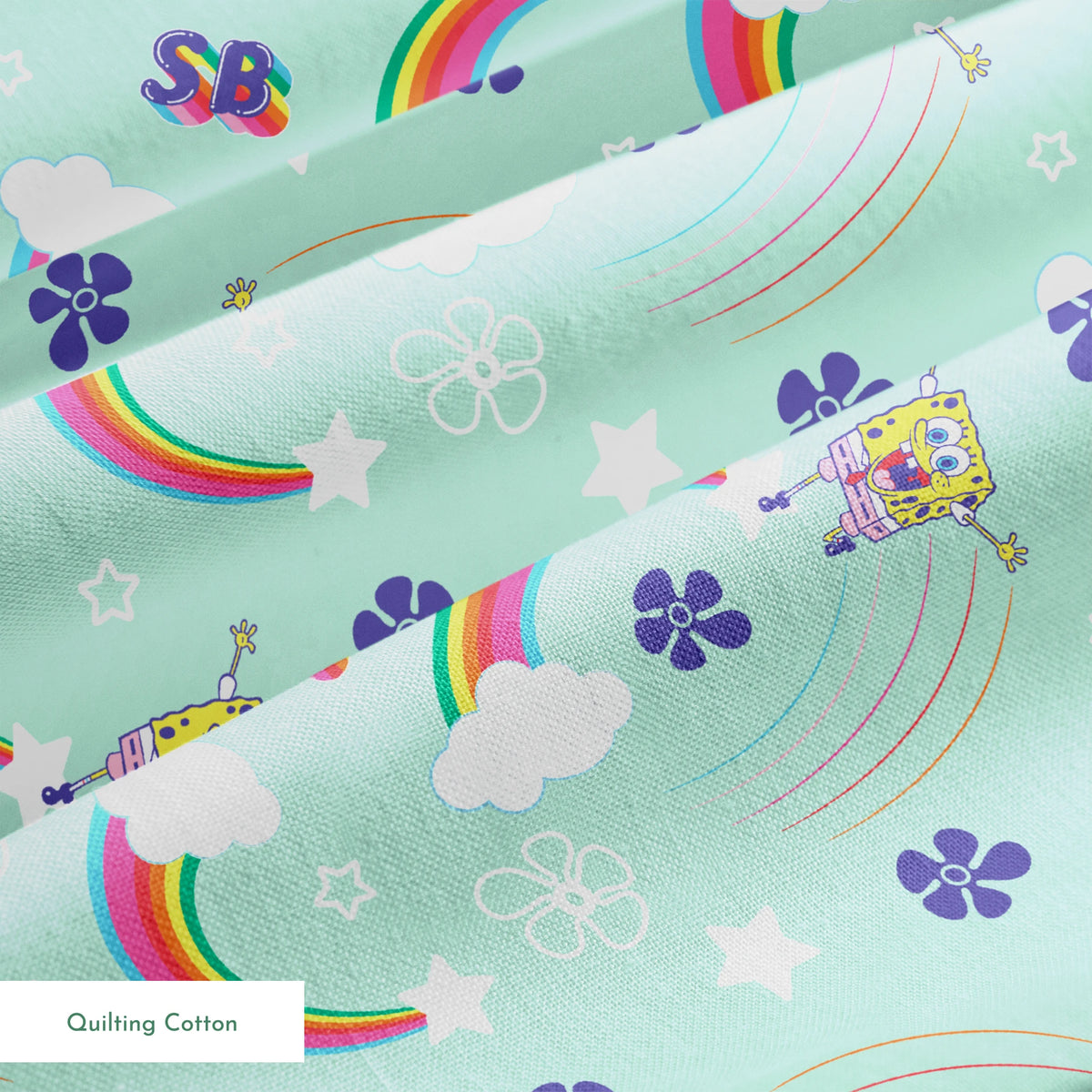 SpongeBob flying over rainbows with clouds, stars, and floral icons on a mint green background in a cheerful cartoon-style Nickelodeon design springs quiltingcotton texture