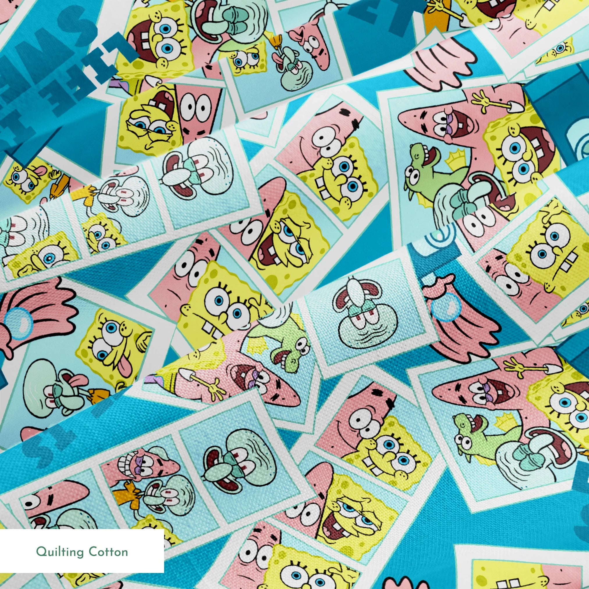 Photobooth-style SpongeBob SquarePants design featuring cartoon snapshots of SpongeBob, Patrick, and Squidward with “Life is Sweet” text on a blue background. springs quiltingcotton texture