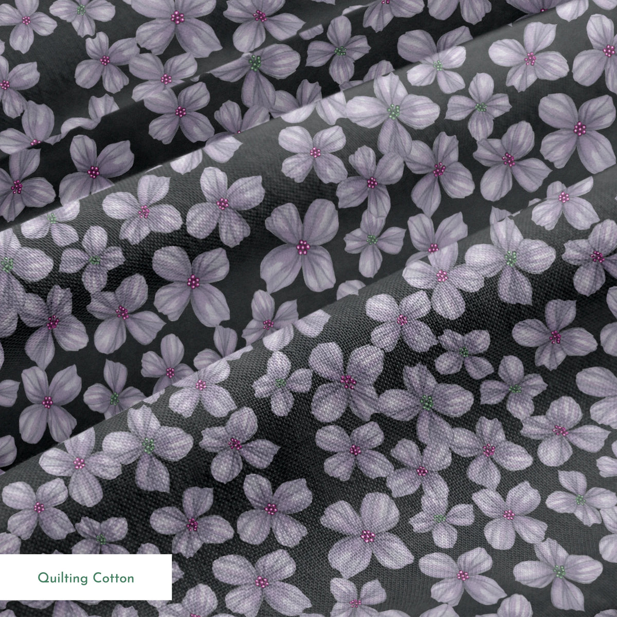 Hand-drawn purple flowers scattered on a charcoal background, designed by Nicole Tamarin. springs quiltingcotton texture