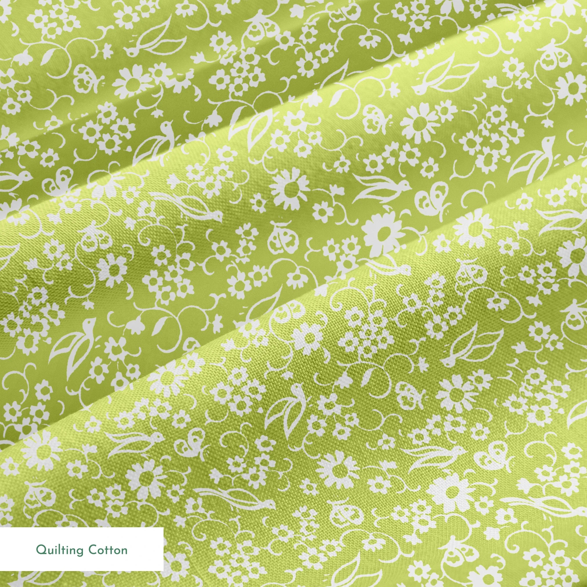 White bird and floral pattern on a vibrant lime green background. springs quiltingcotton texture