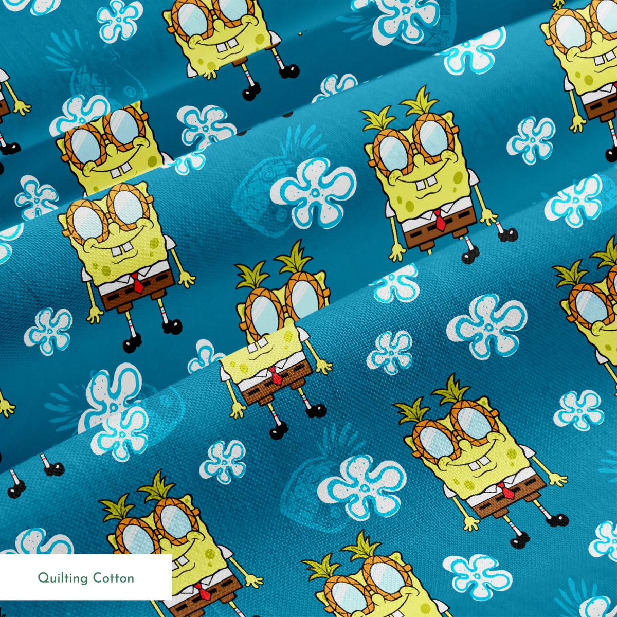 Yellow cartoon character with glasses on teal background with white flower pattern, repeating design springs quiltingcotton texture