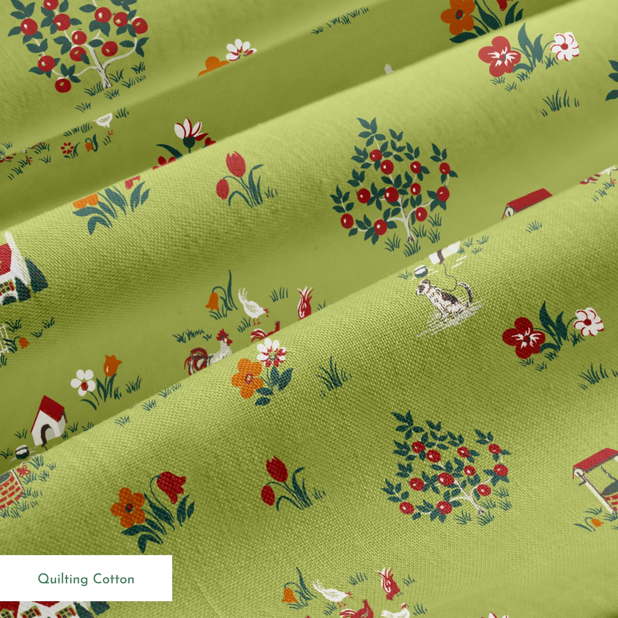 Scenic cottage garden design with vintage houses, flowers, and animals on olive green springs quiltingcotton texture