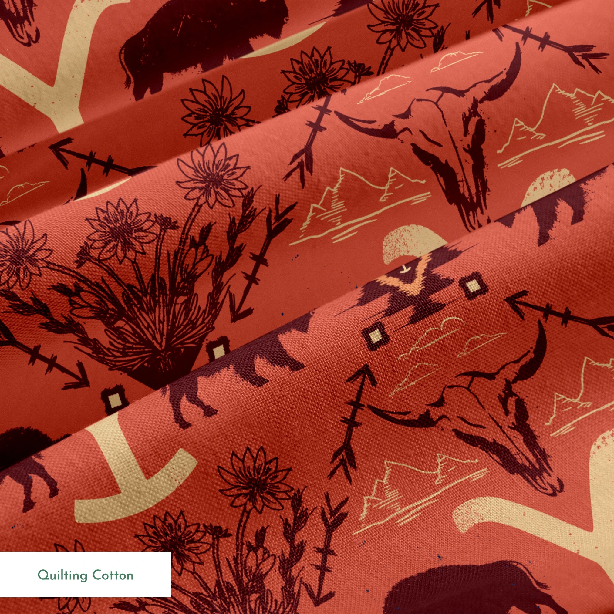 Terracotta and burgundy Yellowstone design with buffalo, skulls, wildflowers, and Western motifs. springs quiltingcotton texture