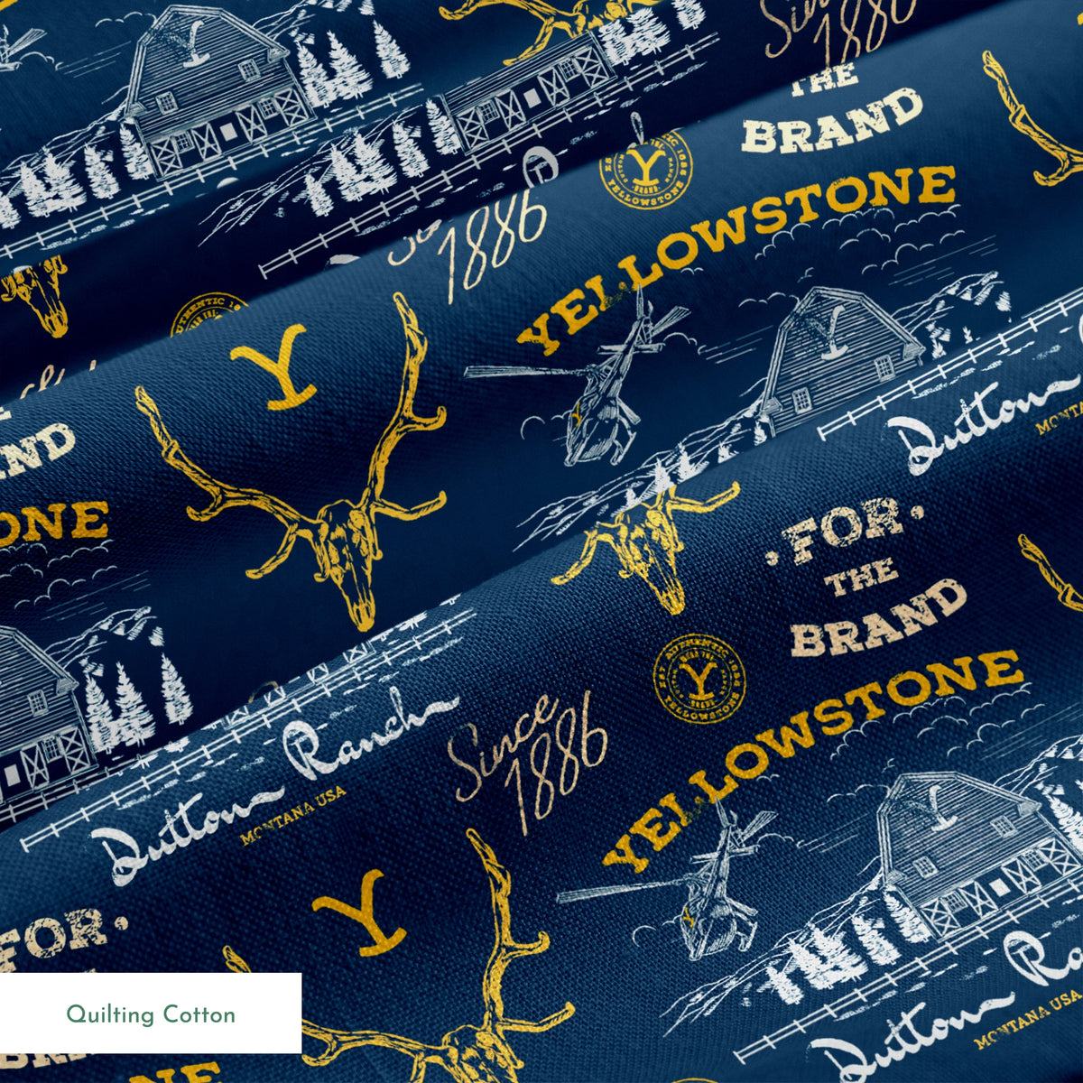 Yellowstone-themed pattern with Dutton Ranch logos, deer antlers, and "Y" branding on navy blue background springs quiltingcotton texture