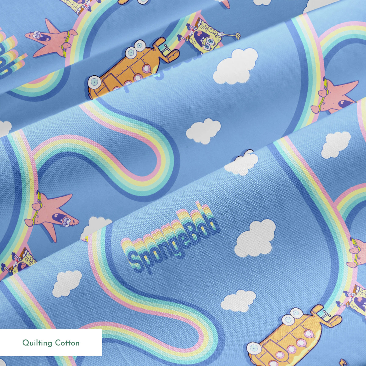 SpongeBob pattern with cartoon characters, buses, rainbows and clouds on light blue background springs quiltingcotton texture