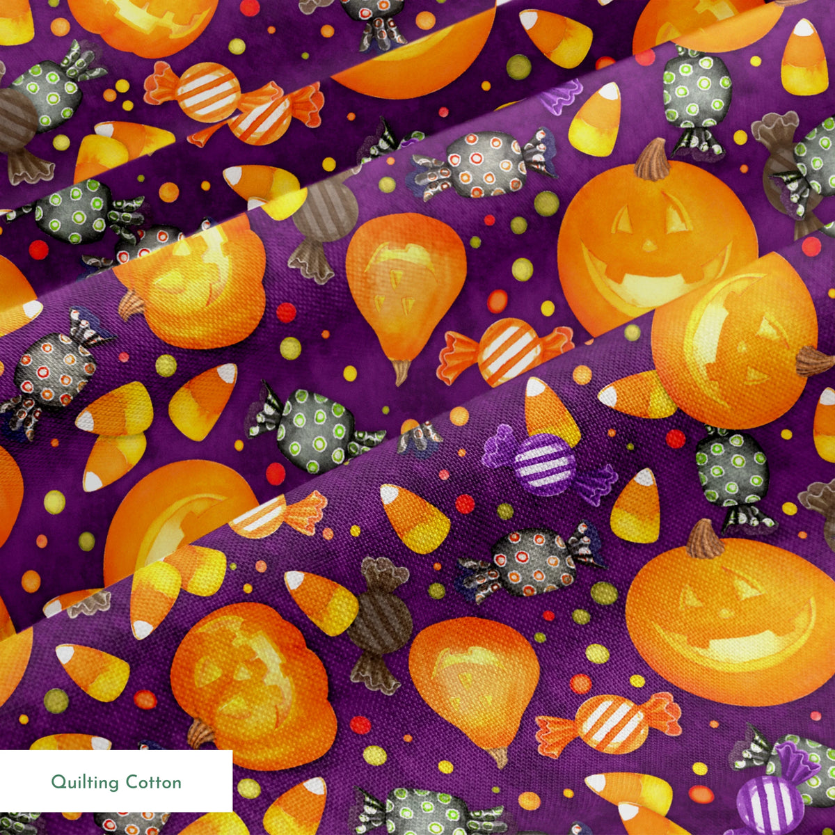 Playful Halloween fabric design by Nicole Tamarin featuring smiling jack-o’-lanterns, wrapped candies, and candy corn scattered across a purple background. springs quiltingcotton texture