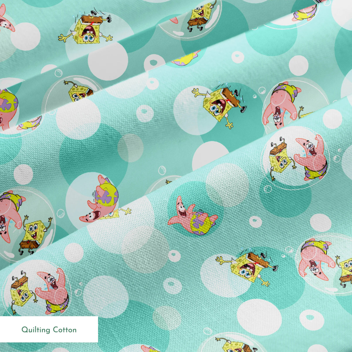 SpongeBob and Patrick floating in transparent bubbles across a seafoam green background with layered circle accents. springs quiltingcotton texture