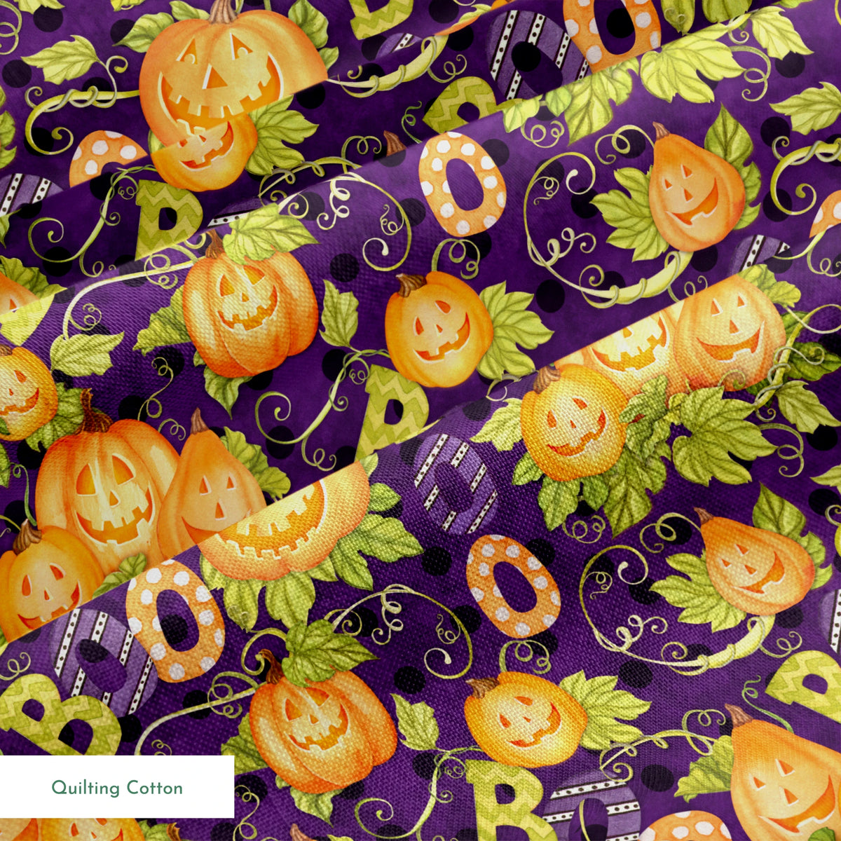 Halloween fabric by Nicole Tamarin with smiling jack-o’-lanterns, “BOO” text, vines, and leaves on a purple background. springs quiltingcotton texture