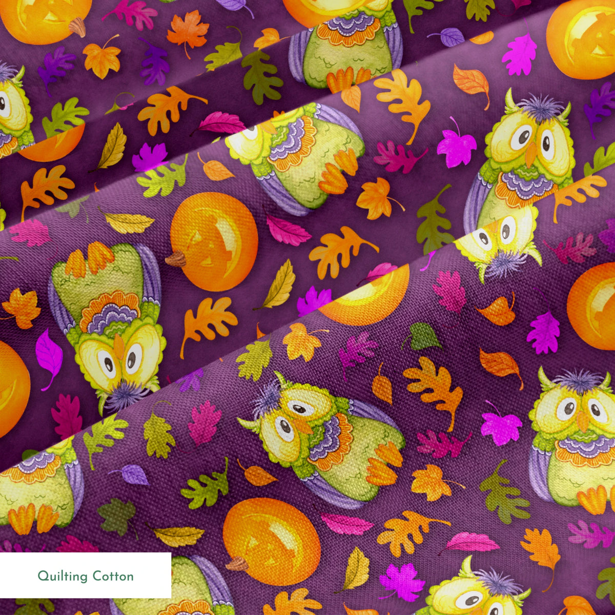 Halloween fabric by Nicole Tamarin featuring cartoon owls in costume, jack-o’-lanterns, and colorful fall leaves on a purple background. springs quiltingcotton texture