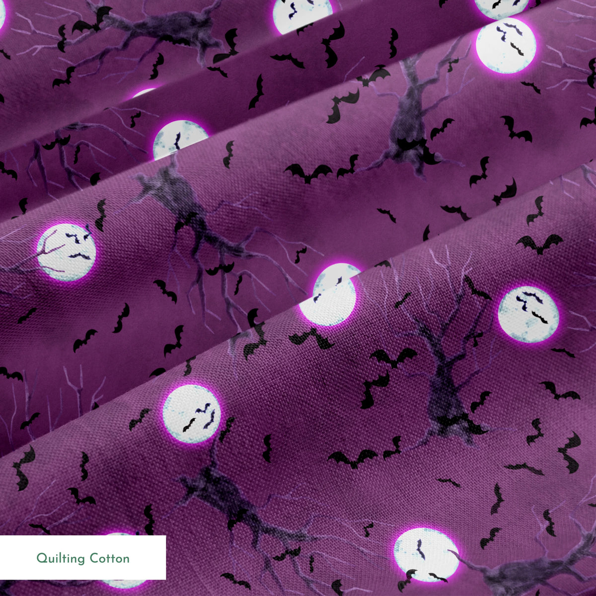 Halloween fabric design with spooky trees, bats, and glowing full moons on a purple background, illustrated by Nicole Tamarin. springs quiltingcotton texture